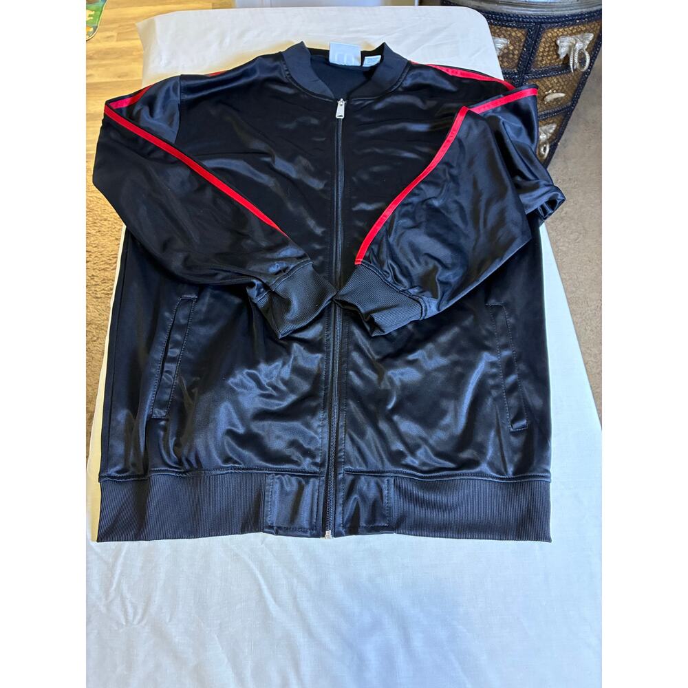 LU Linea Uomo Track Jacket XXL Black Satin Zip Red Stripe Athletic Lightweight